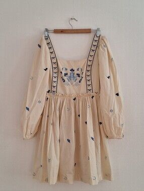 NWT Cotton Rye Cream Mini Dress with Blue Embroidered Floral Detail
